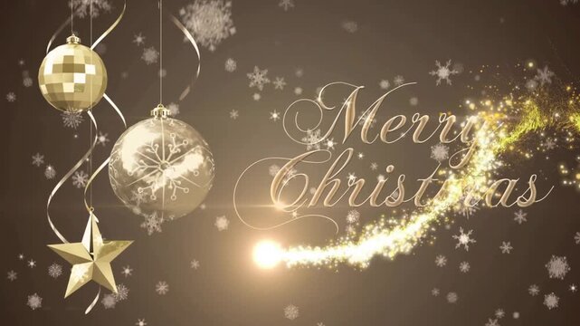 Glowing orb appearing near Merry Christmas, launching sparkles weaving ornaments revealing greeting