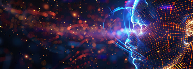 Digital Mindscape: An abstract representation of the human mind, formed by intricate networks of data and illuminated by bursts of light. Evoking themes of innovation, technology.