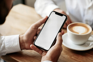 mockup image of cell phone white blank screen for text businessman at workplace think business investment plan contact investor using mobile computer make note appointment information in the notebook