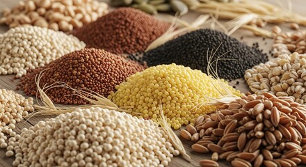 Vibrant assortment of organic grains offering health benefits for wholesome cooking and nutrition concepts