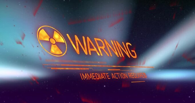 Glowing trefoil drifting, text shifting to WARNING ACTION REQUIRED, glitching underscoring urgency