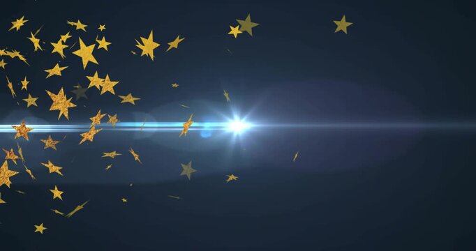 Emerging star cluster drifting inward while beam intensifying into lens flare to create cosmic glow