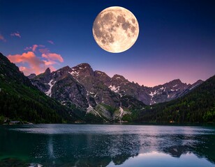 Majestic full moon over a serene lake and towering mountain range