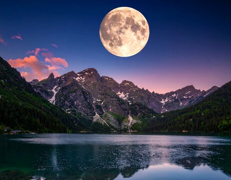 Majestic full moon over a serene lake and towering mountain range - Powered by Adobe