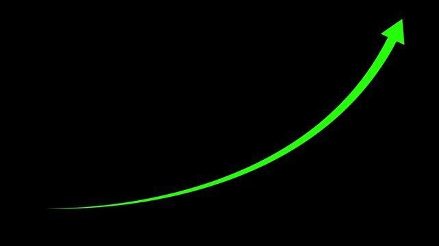 Green color arrow rising transparent, on a black background, up rising arrow.