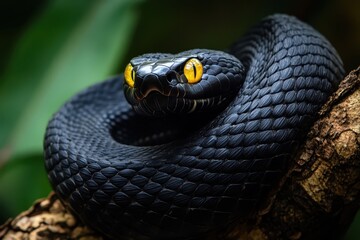 Fototapeta premium Coiled Black Snake Resting on Branch with Yellow Eyes Glimmering