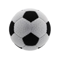 Fluffy black and white soccer ball 3D design element with soft texture and classic pentagonal pattern, isolated on a transparent background for sports and game-related projects.