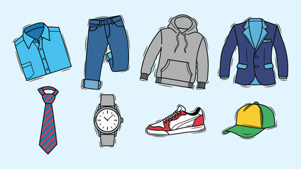 Flat vector illustration clothing accessories shirts, jeans, dresses, coats, shoes, hoodie, watch, heat, Modern colorful apparel design perfect fashion retail projects.
