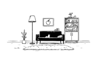 Minimalist black and white line art illustration of a cozy living room interior with a cat sleeping on a sofa, lamp, and plant.