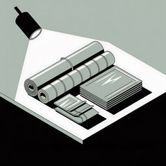 Overhead light illuminates stacked rolls of paper and a small stack of flat objects on a white surface