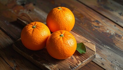 Three ripe oranges on a wooden cutting board, close-up shot.