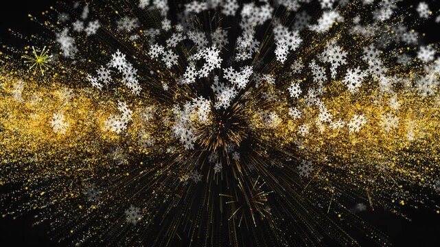 Screen appearing, gold Bonne Annee text bursting fireworks, drifting snowflakes to welcome new year