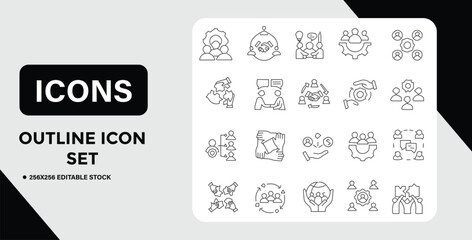 Outline Icon Set Depicting Teamwork Collaboration and Business Concepts