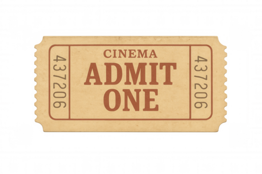 Vintage cinema ticket with admit one text, providing admission to movie theaters, film screenings, or historic events