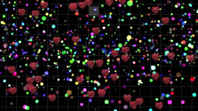 Opening black grid and drifting rainbow particles, spawning red hearts clustering into dense field