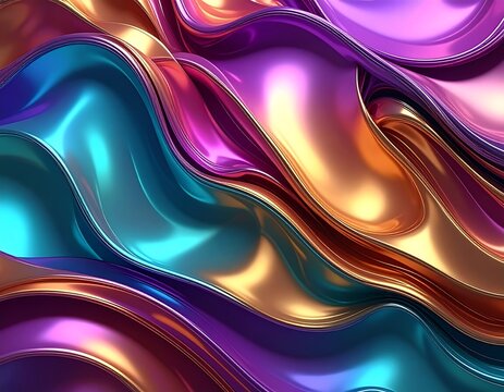 Metallic, flowing, iridescent abstract in vivid colors and undulating curves