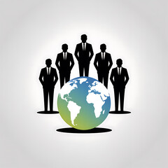Diverse global business team silhouettes standing around a vibrant earth globe symbolizing international collaboration and success