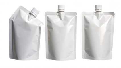 Three blank white flexible pouches with spouts on a black background