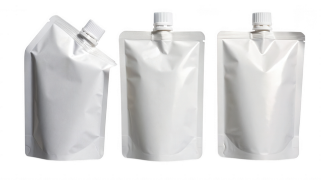 Three blank white flexible pouches with spouts on a black background