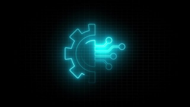 Processor with artificial intelligence AI with Glowing neon gears icon animation on grid line background. technology CPU icon concept. - Powered by Adobe