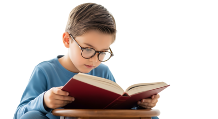 Young boy wearing glasses intently reading a large open book on a wooden stool with a light blue shirt isolated on transparent background conveying concentration and learning