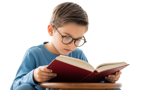 Young boy wearing glasses intently reading a large open book on a wooden stool with a light blue shirt isolated on transparent background conveying concentration and learning