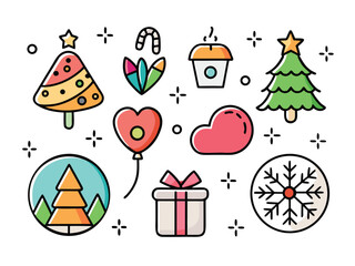 Fototapeta premium Vibrant Winter Holiday Icons Colorful Christmas Trees Gifts And Snowflake