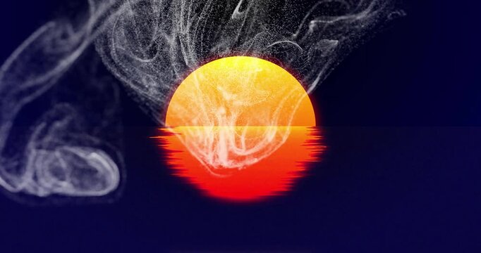 Descending meteor colliding with glowing orb over water, forming white plumes and shifting hues