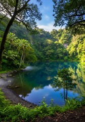 A tranquil, vibrant lake nestled within a lush, verdant rainforest, showcasing a serene, reflective surface mirroring the surrounding forest canopy.