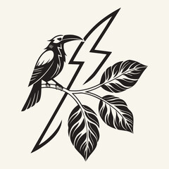 Raven perched on a branch with leaves and lightning