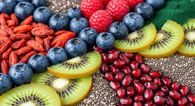 Vibrant superfood medley featuring fresh raspberries, blueberries, kiwi, goji berries, and pomegranate seeds - Powered by Adobe