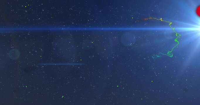 3D rainbow ribbon popping from left, looping around sun flare, dissolving, visualizing energy