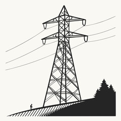 High voltage power line pylon on a hill with a person