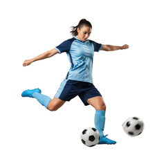 Fototapeta premium Athletic female soccer player in action striking a ball with her foot during a dynamic sporting moment isolated on transparent background