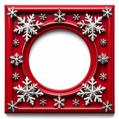 Crimson Square Frame Adorned with White Snowflakes on a White Background
