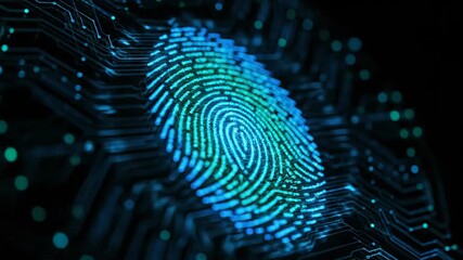 Digital fingerprint hologram activation. Biometric security scanning process. Futuristic cyber authentication technology concept with glowing circuits footage. - Powered by Adobe