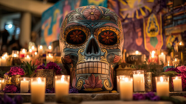 A large calavera sculpture surrounded by candles , The Day of the Dead, photo style