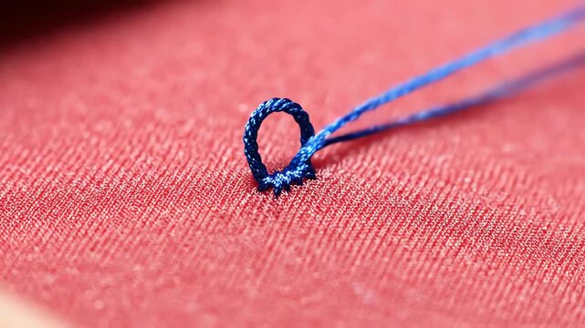 Close-up of a hand-stitched buttonhole with blue thread on red fabric, demonstrating detailed needlework and craftsmanship