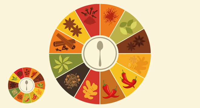 Colorful spice wheel showcasing various herbs and seasonings for culinary design