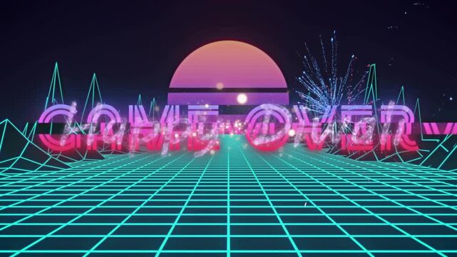GAME OVER neon letters rising from grid firing fireworks glitching sinking into water signaling end
