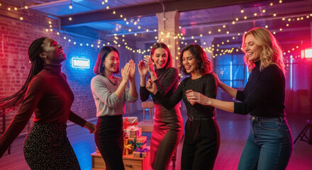 Joyful diverse group of women laughing and dancing together at a vibrant party celebration in a stylish, brick-walled loft.