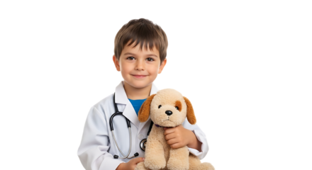 Adorable young boy dressed as a doctor wearing a white lab coat and stethoscope holding a cuddly stuffed dog isolated on transparent background