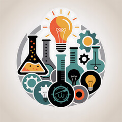 Creative science and innovation concept featuring lightbulbs flasks and gears symbolizing discovery and progress