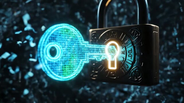 Digital key unlocking a futuristic padlock, symbolizing secure data and cyber protection against digital threats