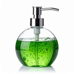 Obraz premium Transparent Round Bottle of Green Liquid Soap with Silver Pump on White