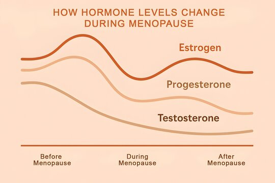 Infographic how hormone levels change during menopause showing estrogen and progesterone decline and hormonal balance in women