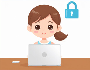 Cute Girl Working on Laptop with Security Lock Icon