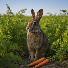 Fototapeta premium A solitary brown hare sits vigilantly in the middle of a lush, vibrant carrot field. 