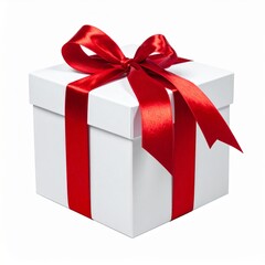 Fototapeta premium White Gift Box Tied With Vivid Red Ribbon on a White Background