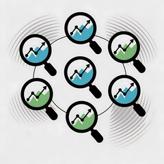 Magnifying glasses with financial charts arranged in a circle representing data analysis and market trends